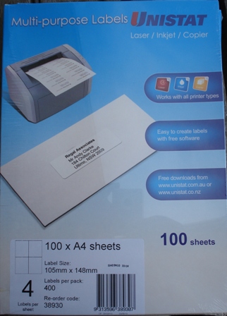 38930 Label Unistat 105x148mm 4 per Sheet Box 400.